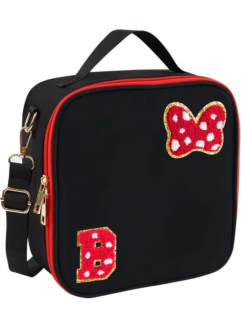 Kids Black Lunch Bag with Red Trim and Patch Details